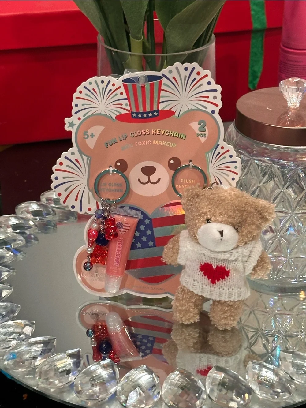 Danbar Teddy Bear Lip Gloss Keychain Set Kawaii Patriotic Bag Charm NWT Gummy
